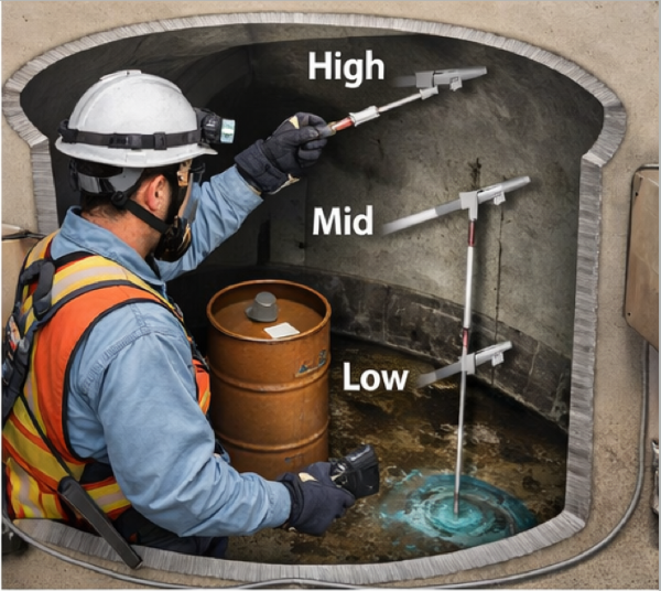 Technician testing air quality at multiple levels inside a confined space to check for oxygen deficiency and hazardous gas buildup.