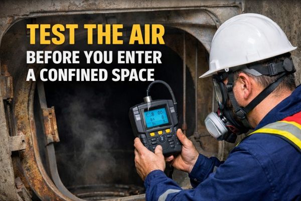Worker in PPE using a calibrated gas monitor to test air quality before entering a confined space.