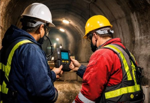 wo workers in PPE monitoring air quality inside an industrial tunnel during confined space entry.