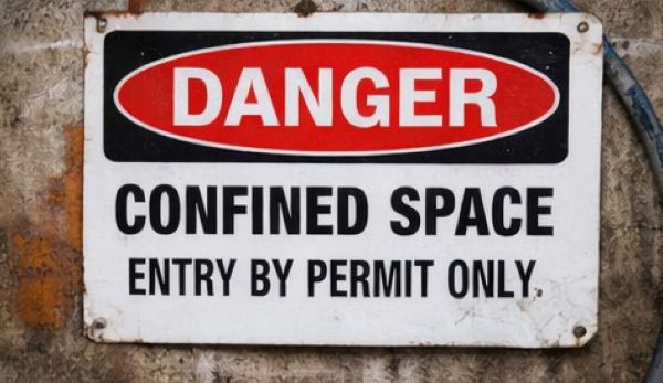 Confined space permit-required warning sign with ventilation equipment set up at tunnel entrance.