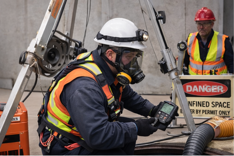 Confined space entry setup with gas monitor, warning signage, ventilation, and safety attendant to prevent common entry mistakes.