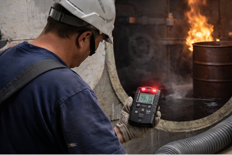 Worker inside confined space ignoring gas monitor alarm during hazardous conditions.