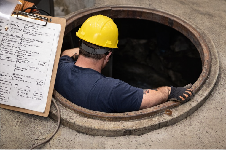 Worker making the mistake of entering a confined space without current air testing based on past experience.