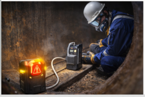 Worker performing confined space task with continuous oxygen monitoring equipment