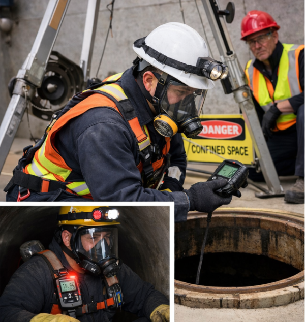 Worker performing pre-entry gas testing at a confined space entry point using a calibrated multi-gas monitor before entry.