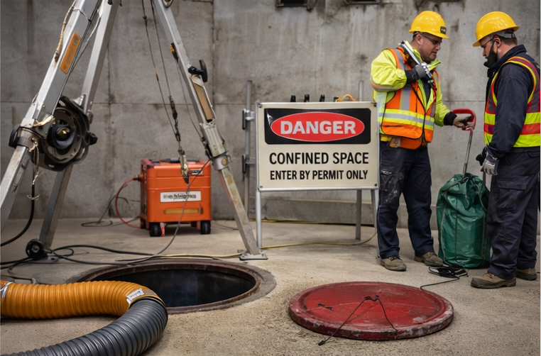 Confined space rescue planning equipment and warning signage to prevent unsafe rescue attempts.