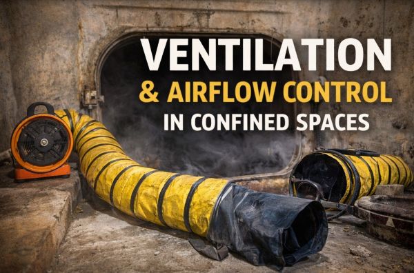 Portable confined space blower fan and flexible ventilation duct positioned at a manhole to improve airflow before entry.