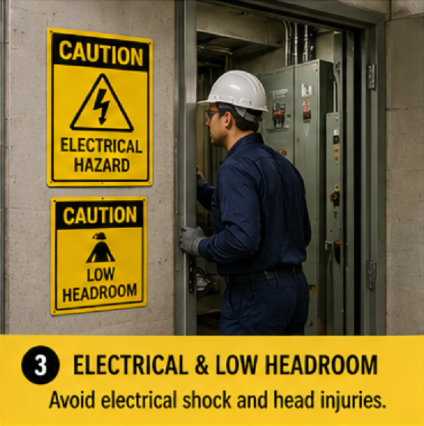 Electrical hazard and low headroom caution signs posted in workplace maintenance areas.