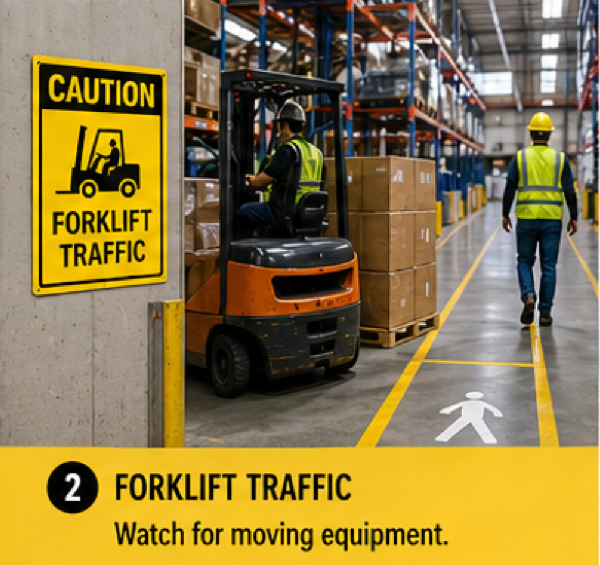 Forklift traffic caution signs installed in warehouse loading zones to prevent pedestrian collisions.