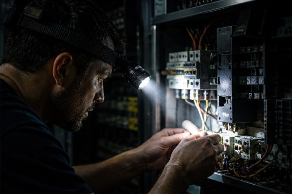 Technician using an adjustable head rechargeable flashlight hands-free while repairing equipment in a dim industrial workspace.