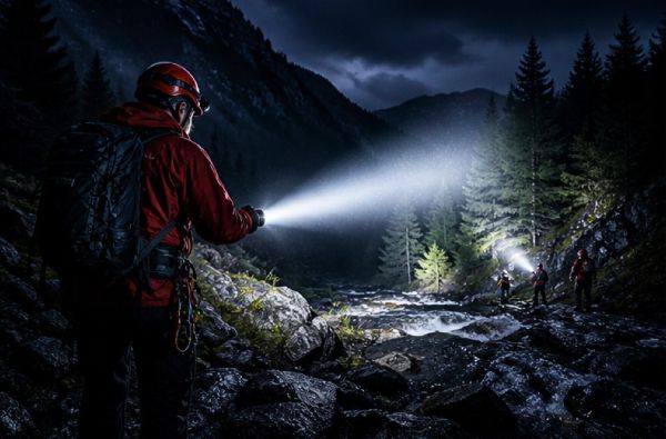 High-lumen rechargeable flashlight illuminating a dark outdoor rescue scene at night, showing powerful beam distance and clarity.