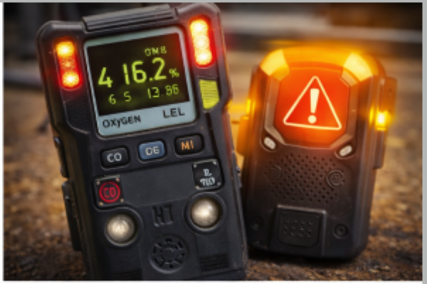 Gas monitor displaying low oxygen levels with active safety alarms