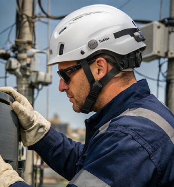 Utility worker wearing non-vented safety helmet near electrical equipment for hazard protection