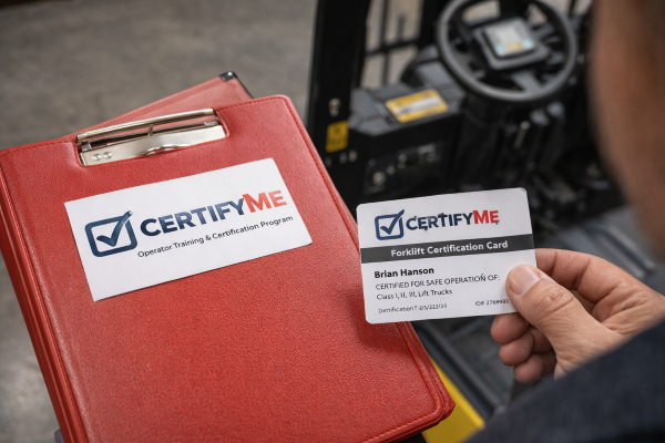 CertifyMe OSHA forklift training and certification kit with binder and USB for in-house training.