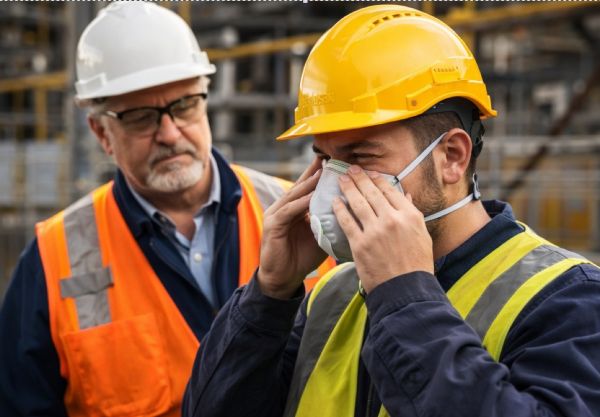 Worker properly fitting N95 respirator with secure seal in industrial environment