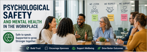 Diverse employees openly discussing ideas in a workplace meeting that promotes psychological safety and mental wellbeing.