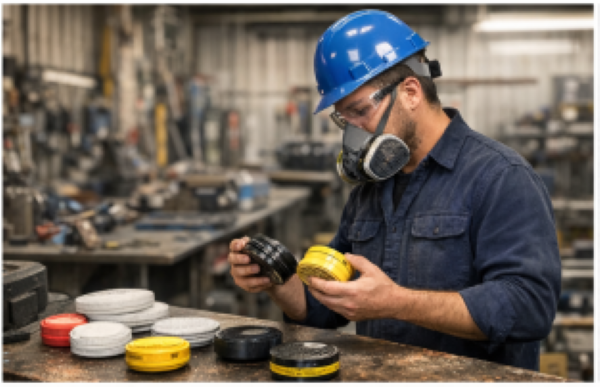 Worker examining multiple respirator filters and cartridges in an industrial environment to ensure proper selection for air safety