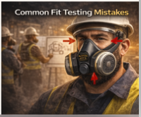 Improper respirator fit showing gaps and facial hair interfering with the seal