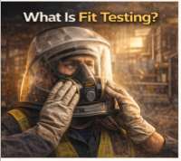 Worker checking respirator seal to confirm proper fit and protection