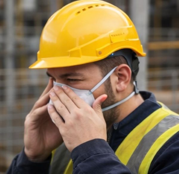 Worker performing respirator seal check before entering hazardous environment