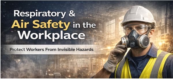 respiratory safety in the workplace with worker wearing respirator protection in industrial environment