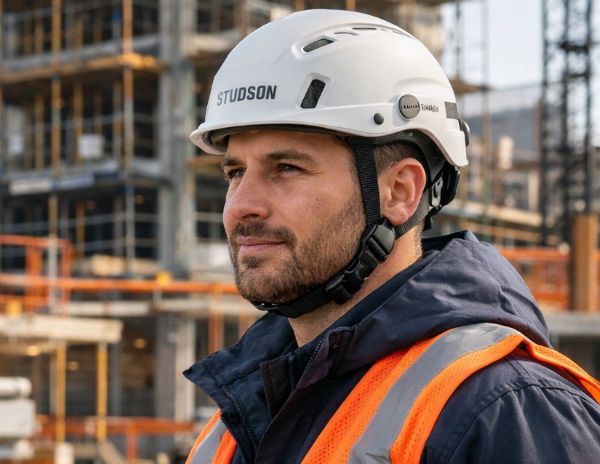 Worker wearing Studson SHK-1 safety helmet on construction site with full PPE and secure fit system
