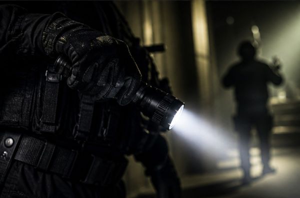 Tactical professional holding a rugged high-brightness flashlight with strong beam in a low-light security scenario.