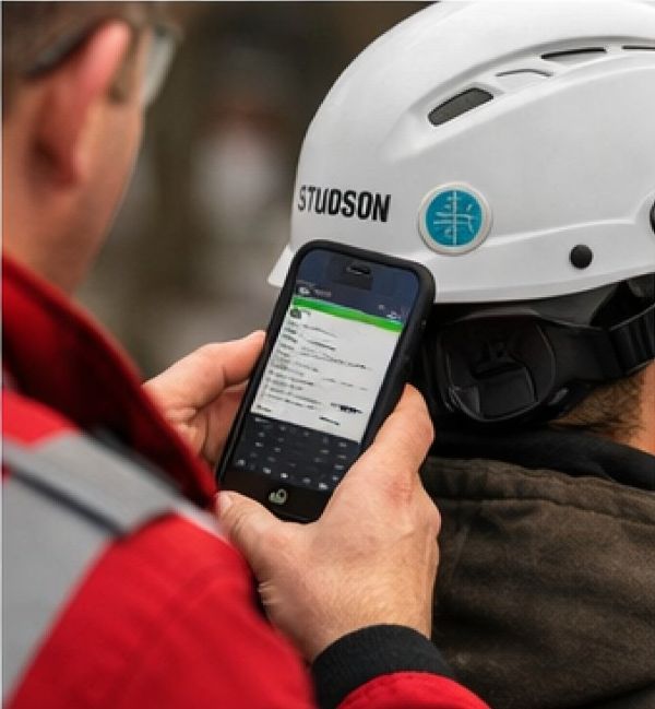 First responder scanning Twiceme chip on safety helmet with smartphone for emergency information