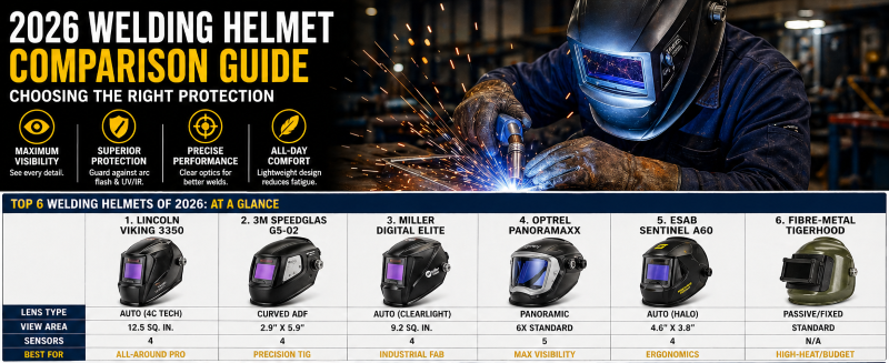Professional welder using an auto-darkening welding helmet during metal fabrication work.