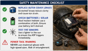 Worker inspecting a welding helmet by replacing outer cover lenses, testing sensors, and checking battery components in a maintenance station. Highlights PPE upkeep and safety compliance.