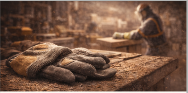 Woodworker wearing protective gloves handling wood in a dusty workshop environment