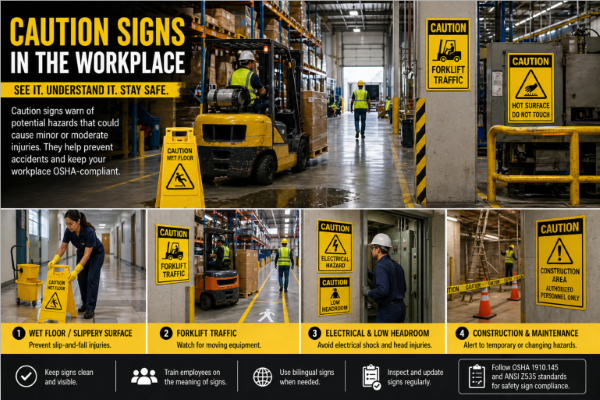 Worker placing a wet floor caution sign to prevent slip and fall accidents in a workplace.