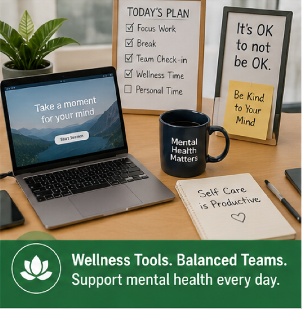Employees using workplace wellness tools that support stress reduction and work-life balance.
