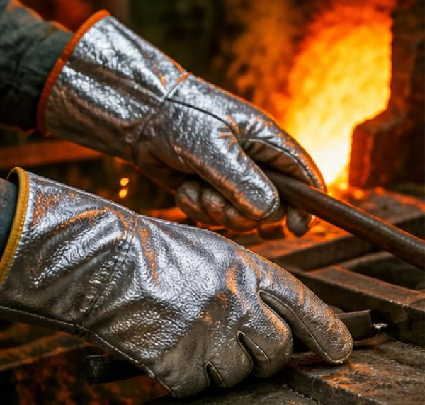 Close-up of aluminized heat-resistant gloves reflecting radiant heat during molten metal handling.