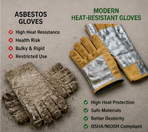 Comparison of old worn asbestos gloves versus modern heat-resistant gloves highlighting safety and material differences.
