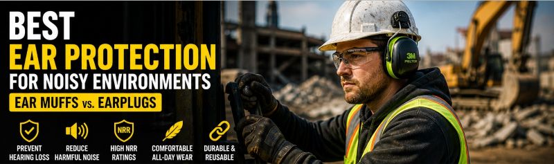 Worker in a noisy construction environment wearing over-ear hearing protection earmuffs while operating heavy machinery.