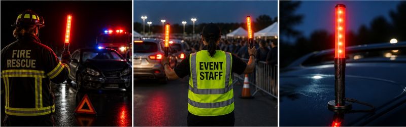 Emergency responder holding a flashing red baton light near a roadside accident scene for visibility and safety.