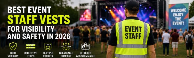 Event staff member wearing a high-visibility yellow vest with reflective strips at a crowded outdoor concert, ensuring visibility and safety.