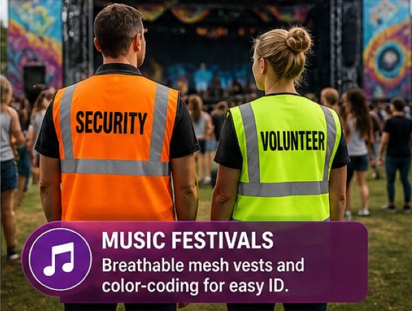 Event security and volunteers wearing color-coded high-visibility vests at a music festival for easy identification and coordination.