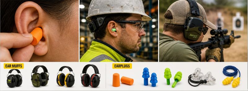 Close-up of foam earplugs properly inserted into ear canal for effective noise reduction in an industrial setting.