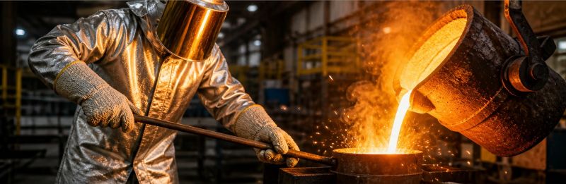 Industrial worker wearing high-heat resistant gloves handling hot metal in a foundry environment with intense radiant heat.