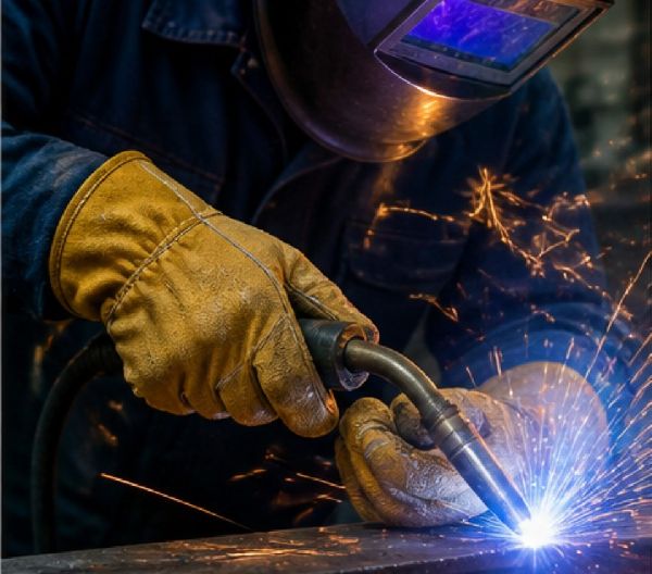 Welder using modern Kevlar-lined gloves for protection against sparks and high temperatures.