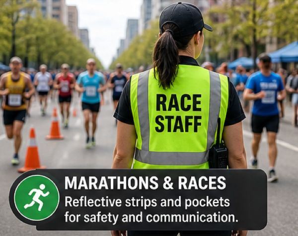 Race staff wearing reflective safety vests managing runners during a marathon, with visible pockets for communication devices.
