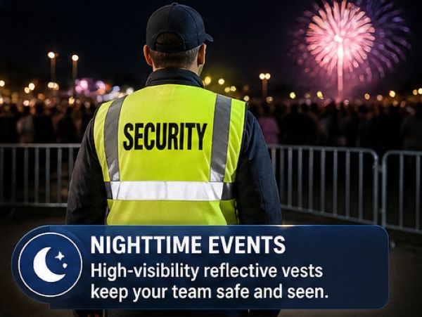 Security staff in reflective vests managing a nighttime event with fireworks, ensuring visibility in low-light conditions.