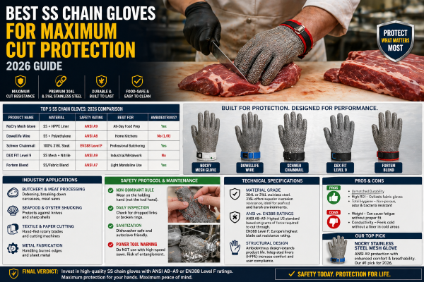 Butcher wearing stainless steel chainmail glove while cutting meat safely in a processing facility.