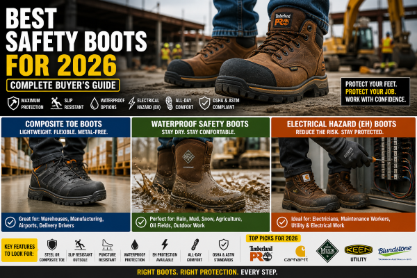 Construction worker wearing durable steel toe safety boots standing on a rugged job site with debris and tools visible.