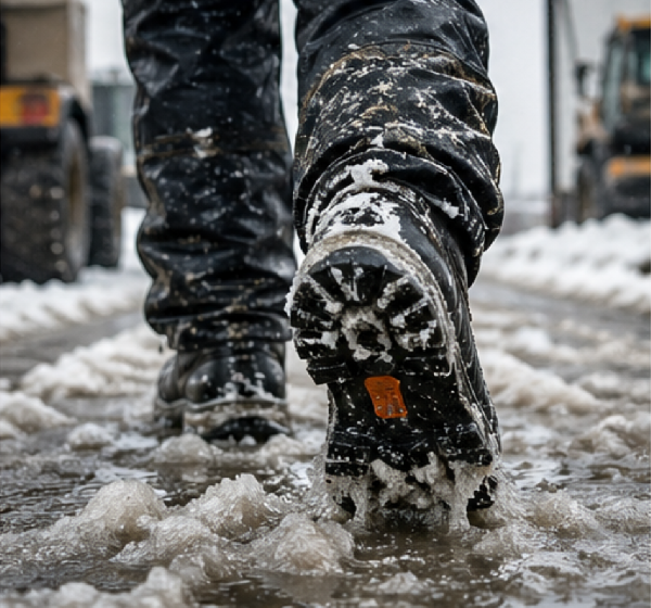Waterproof insulated boots walking through snow and slush on a winter job site.