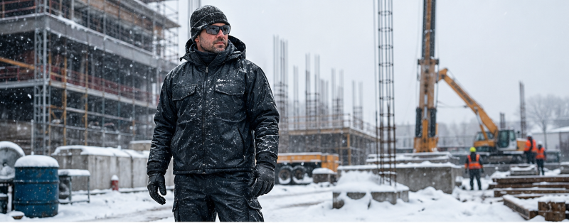 Construction worker fully equipped with waterproof winter gear standing on a snowy outdoor job site during harsh weather.
