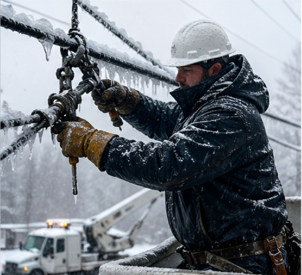 Utility worker using insulated waterproof gloves while repairing power lines in freezing rain.
