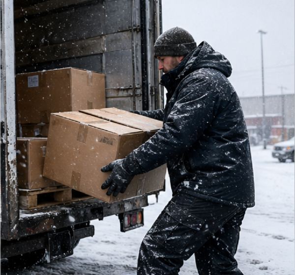 Freight worker unloading cargo in heavy snow while wearing waterproof winter safety gear.